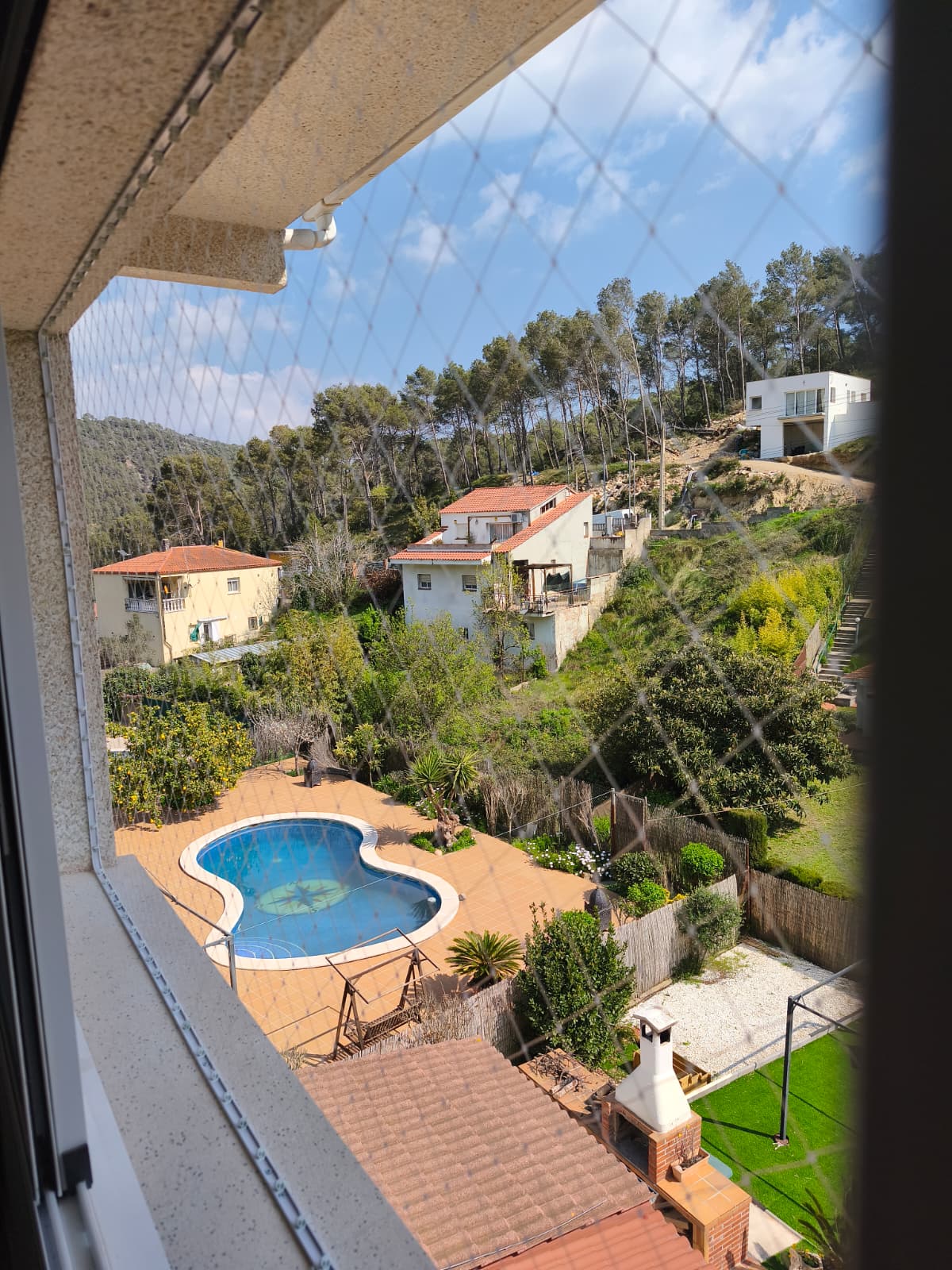 Red para gatos en ventana con vistas a piscina y pinares